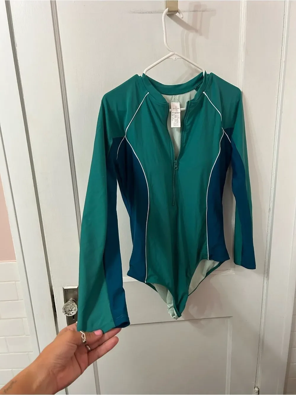 Never Worn Teal and Navy Long Sleeve Zip Front Swimsuit